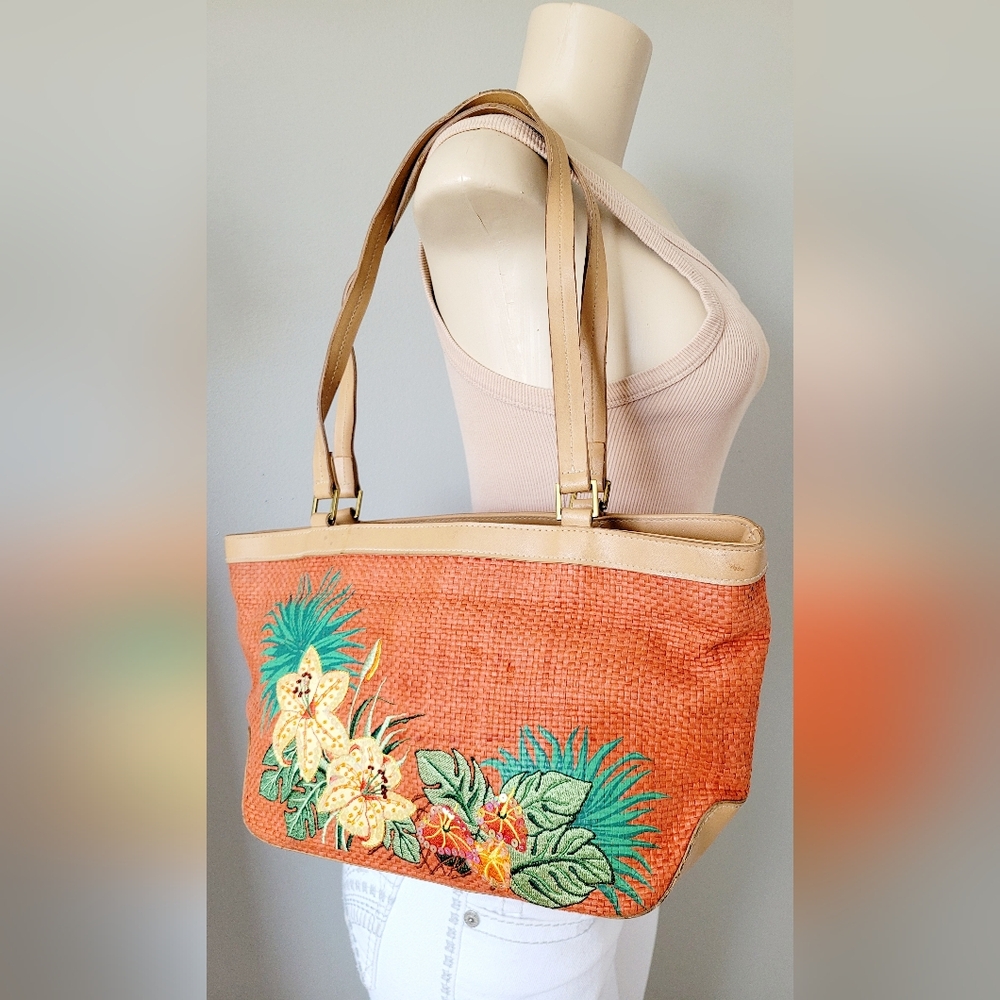 Etienne Aigner Tropicana 100% Paper Embroidered Orange Floral Shoulder/Tote Bag